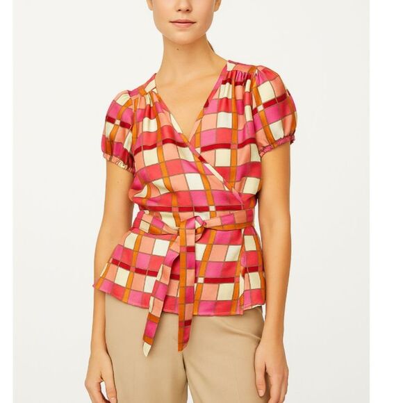 Banana Republic Pink Orange Ivory Check Print Silk SS Wrap Blouse Size S Petite - Picture 1 of 15